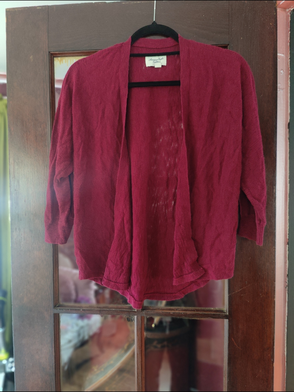 American Eagle Outfitters 3/4 Sleeve Open-Front Cardigan Sweater - Deep Red